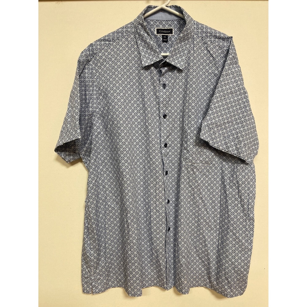 Club Room Mens Blue White Geometric Tile Print Short Sleeve Button Down Shirt